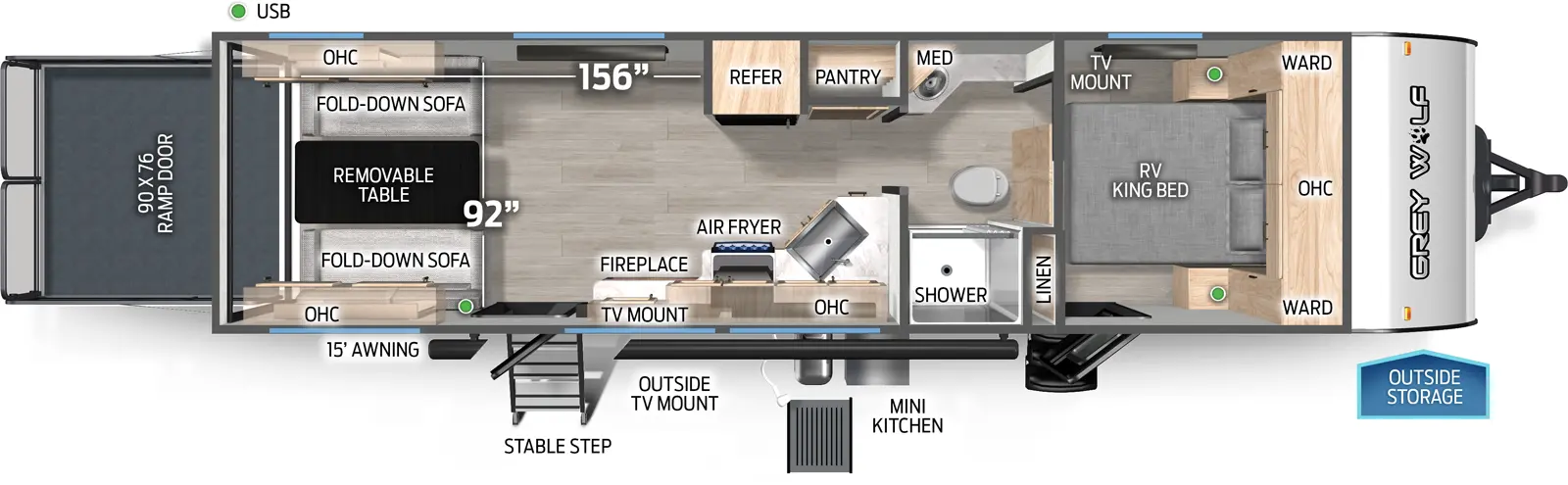 The Grey Wolf 24RRT floorplan is a toy hauler that has two entries and zero slide outs. Exterior features include: metal exterior, 15' awning and outside kitchen. Interiors features include: front bedroom and pass through bathroom.